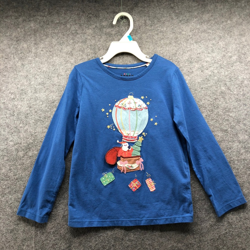 Mini Boden Kids 5-6 Yrs Christmas Santa Hot Air Balloon Long Sleeve T-Shirt Blue